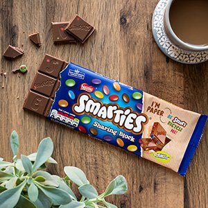 Smarties chocolate bar on a wooden table