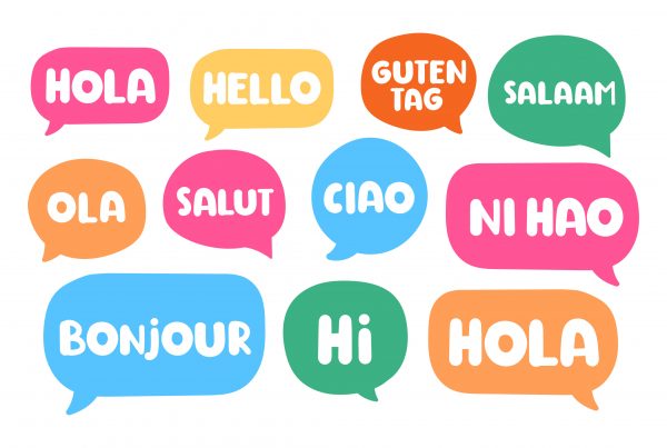 hello stated in multiple different languages in thought bubbles