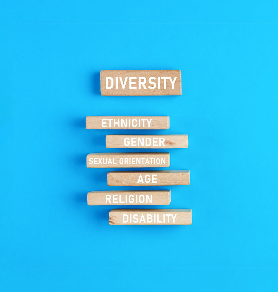 Specific diversities such as ethnicity gender and age written on wooden blocks