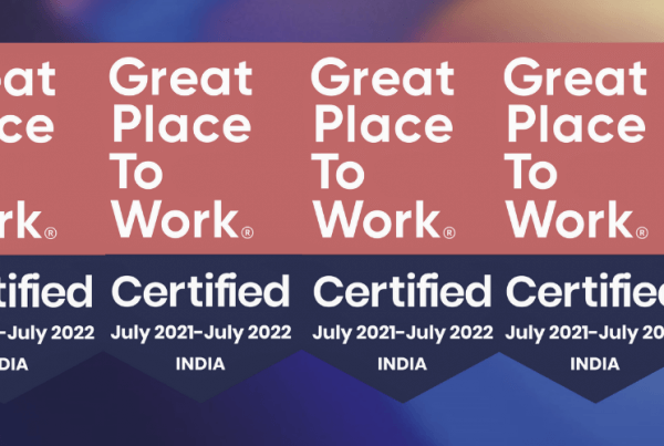Great place to work banner on a blue and red background