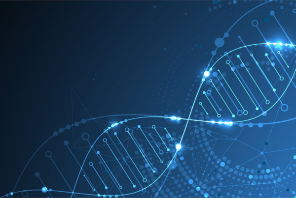 An electric strand of DNA is illuminated against a dark background
