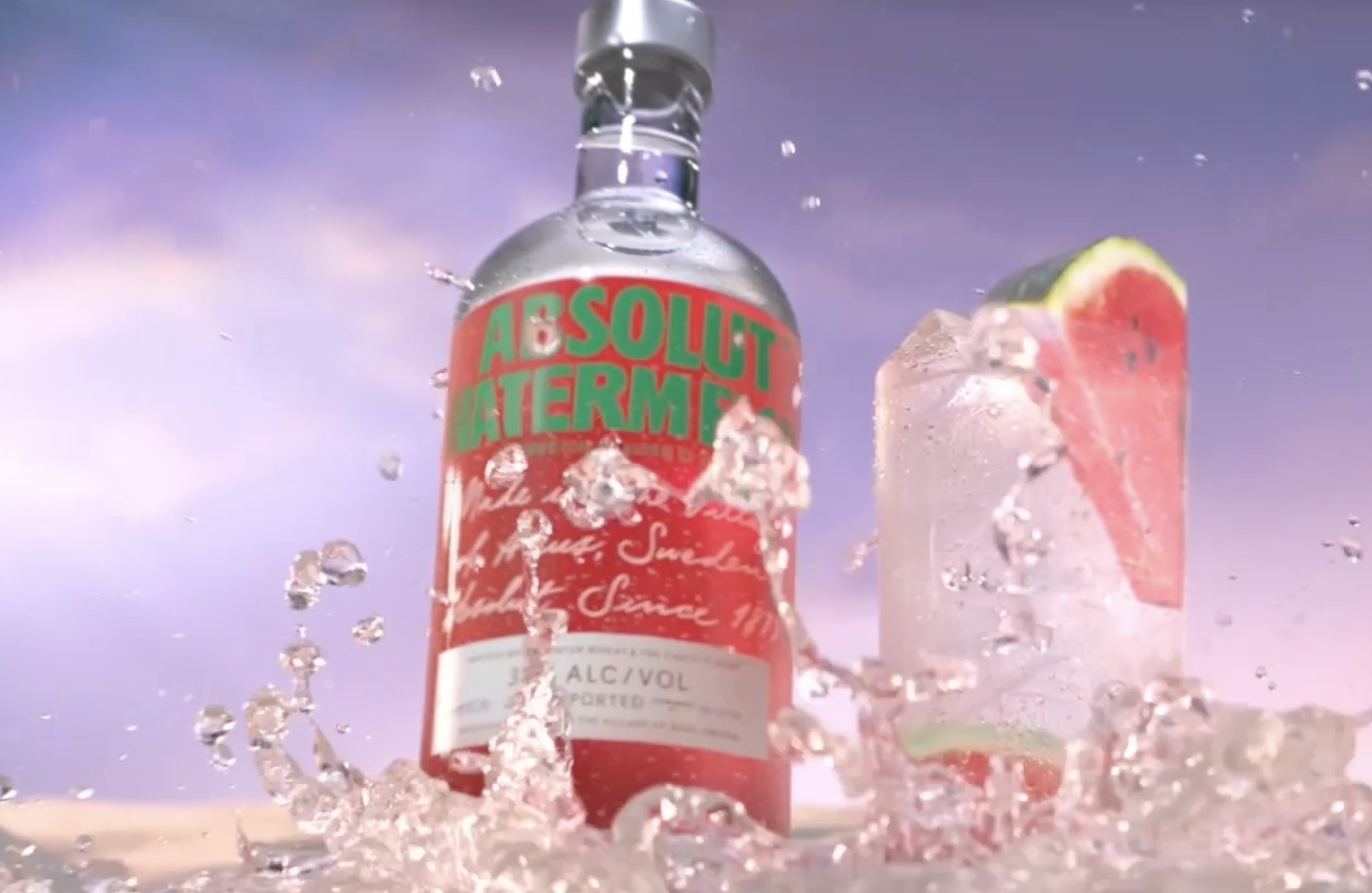 Absolute vodka bottle being splashed in water as part of a video